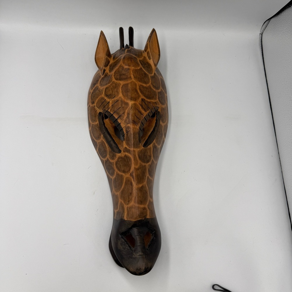 Handmade Giraffe Mask Wall Art Brown Hand Carved Wood Safari Large Wall Decor